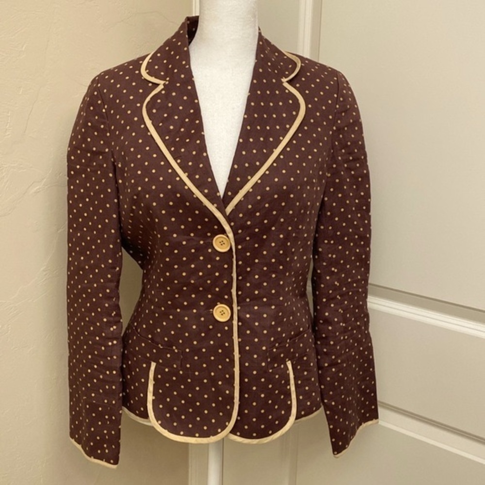 Tailored Linen blazer Women’s 6 suit jacket lined office Rockabilly Brown dot